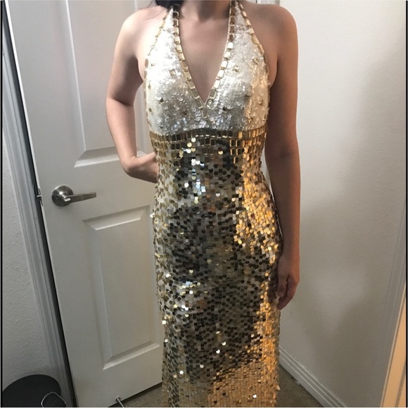 JOVANI Gold, Silver & White Sequin Beaded Halter Neck Gown - Picture 5 of 5